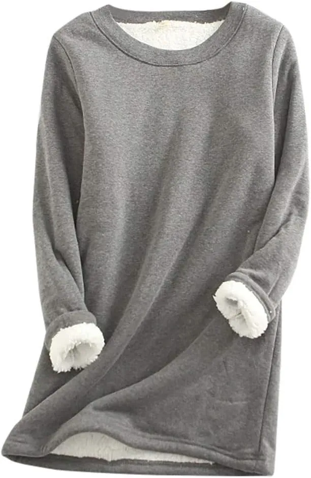 Womens Sherpa Lined Sweatshirts Casual Crewneck Fleece Pullover Long Sleeve Thermal Sweater Winter Clothes 2024