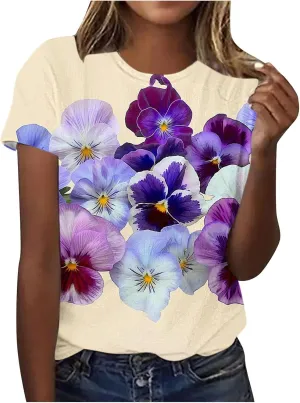 Women's Tops Summer Fashion Casual Short Sleeve Flower Printed Crew Neck Pullover Shirts Cute Tees Dressy Blouses